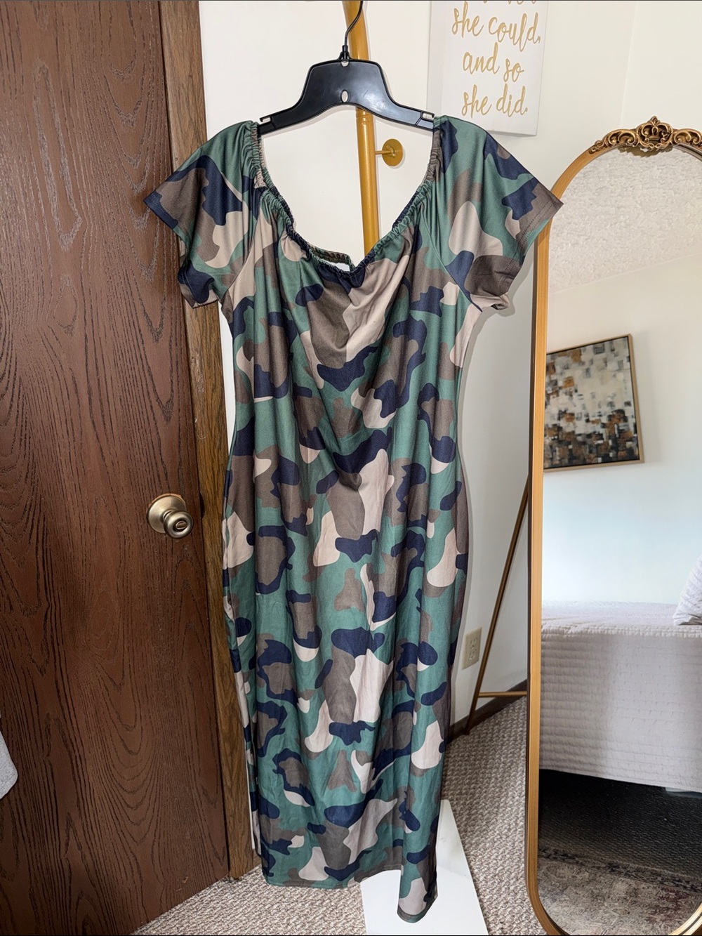 Green Camo Short-Sleeve Midi Dress
